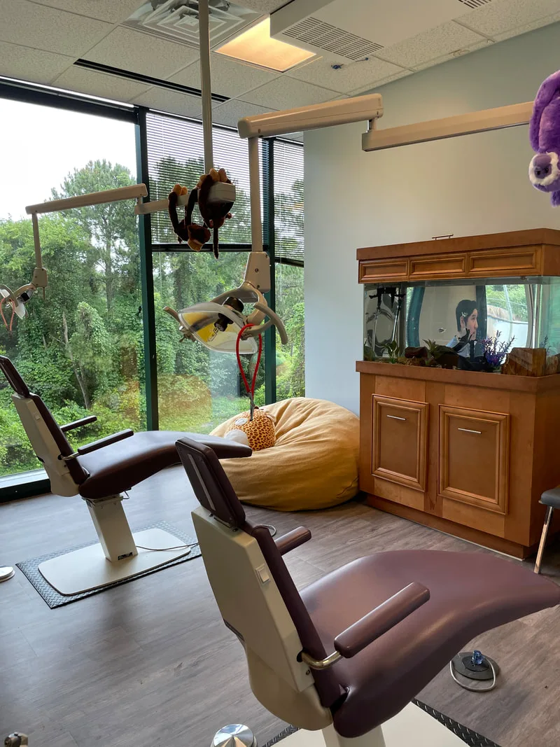 A kid-friendly treatment room with treetop views at Children's Dentistry, Atlanta